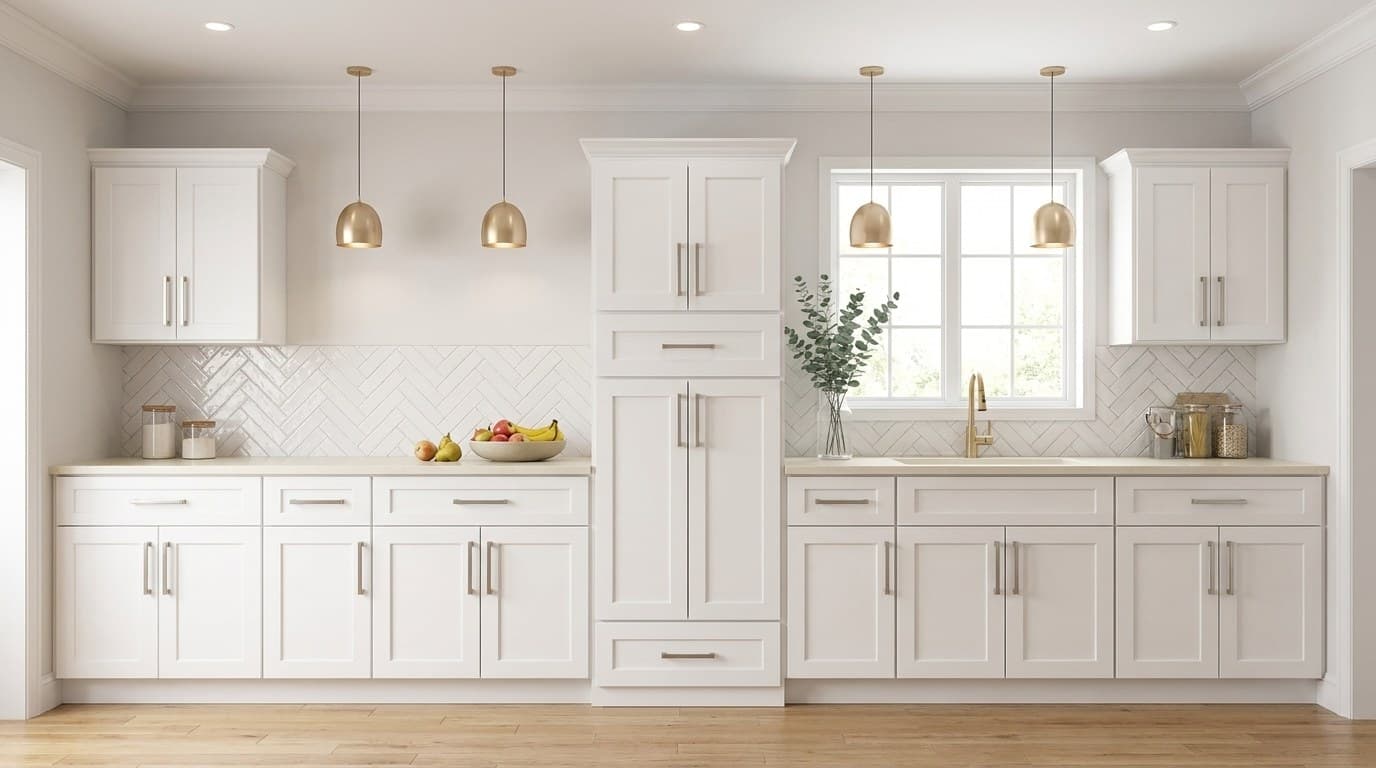 Tall oven pantry cabinet, 33 inches wide and 84 inches high, with an open cavity for a wall oven, two doors below, and a false drawer front, shown in a neutral wood finish, in Purity White finish — styled room scene (representative image — exact size shown may vary)