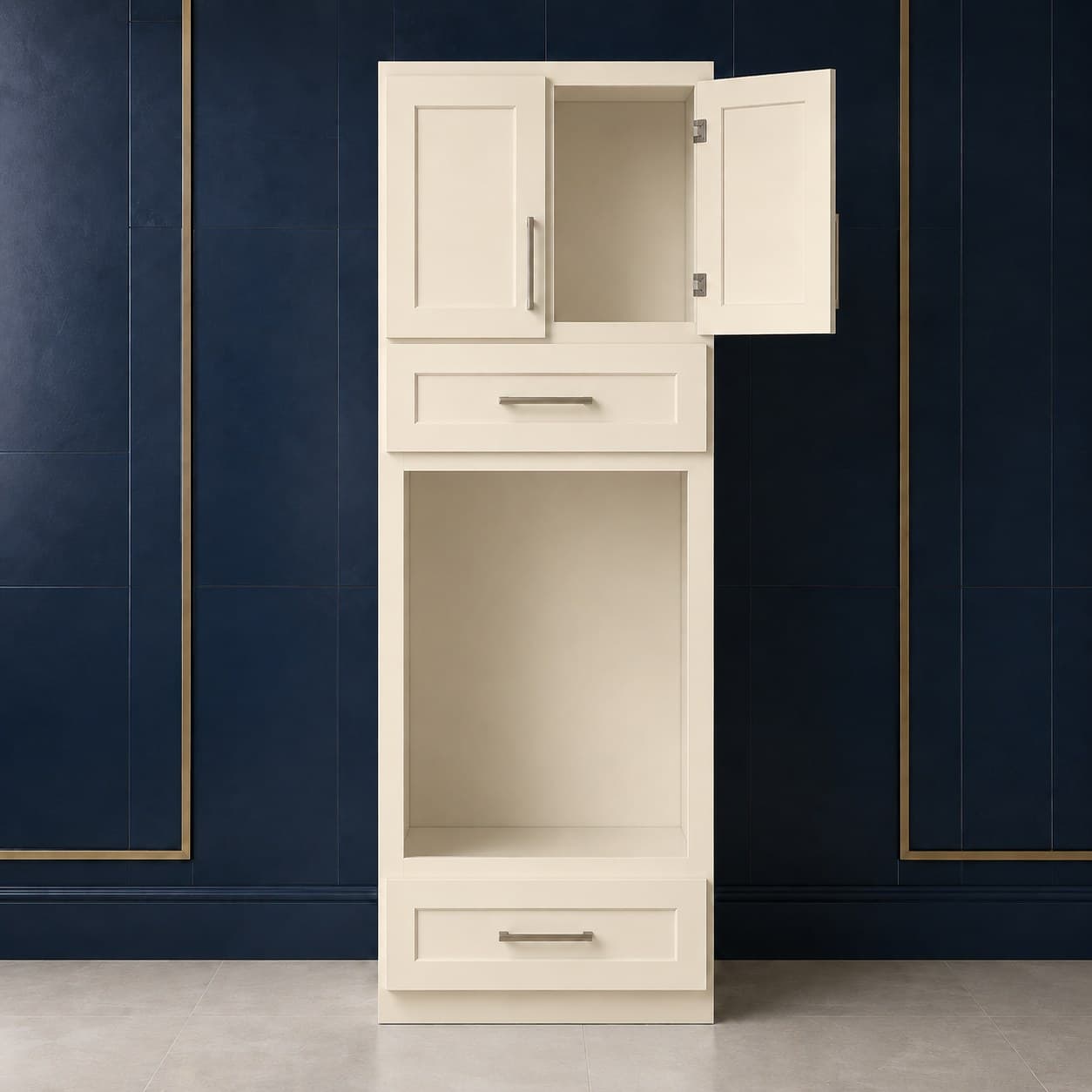 Tall oven pantry cabinet, 33 inches wide and 90 inches high, with a wall oven opening, two lower doors, and a false drawer front, shown in a neutral wood finish, in Seashell Cream finish — front view
