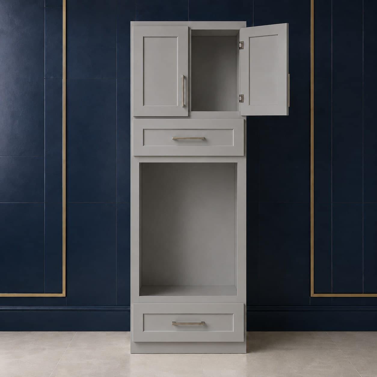 Tall oven pantry cabinet, 33 inches wide and 90 inches high, with a wall oven opening, two lower doors, and a false drawer front, shown in a neutral wood finish, in Silver Gray finish — front view