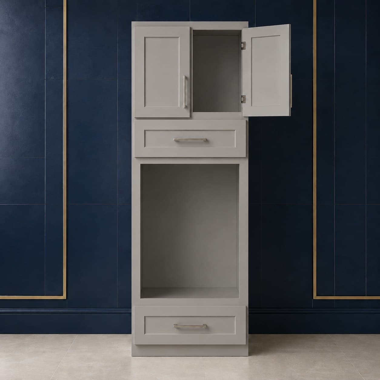 Tall oven pantry cabinet, 33 inches wide and 90 inches high, with a wall oven opening, two lower doors, and a false drawer front, shown in a neutral wood finish, in Victory Gray finish — front view