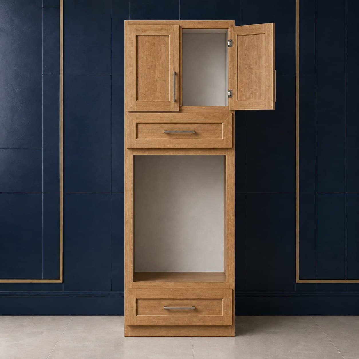 Tall oven pantry cabinet, 33 inches wide and 90 inches high, with a wall oven opening, two lower doors, and a false drawer front, shown in a neutral wood finish, in Wood Color finish — front view