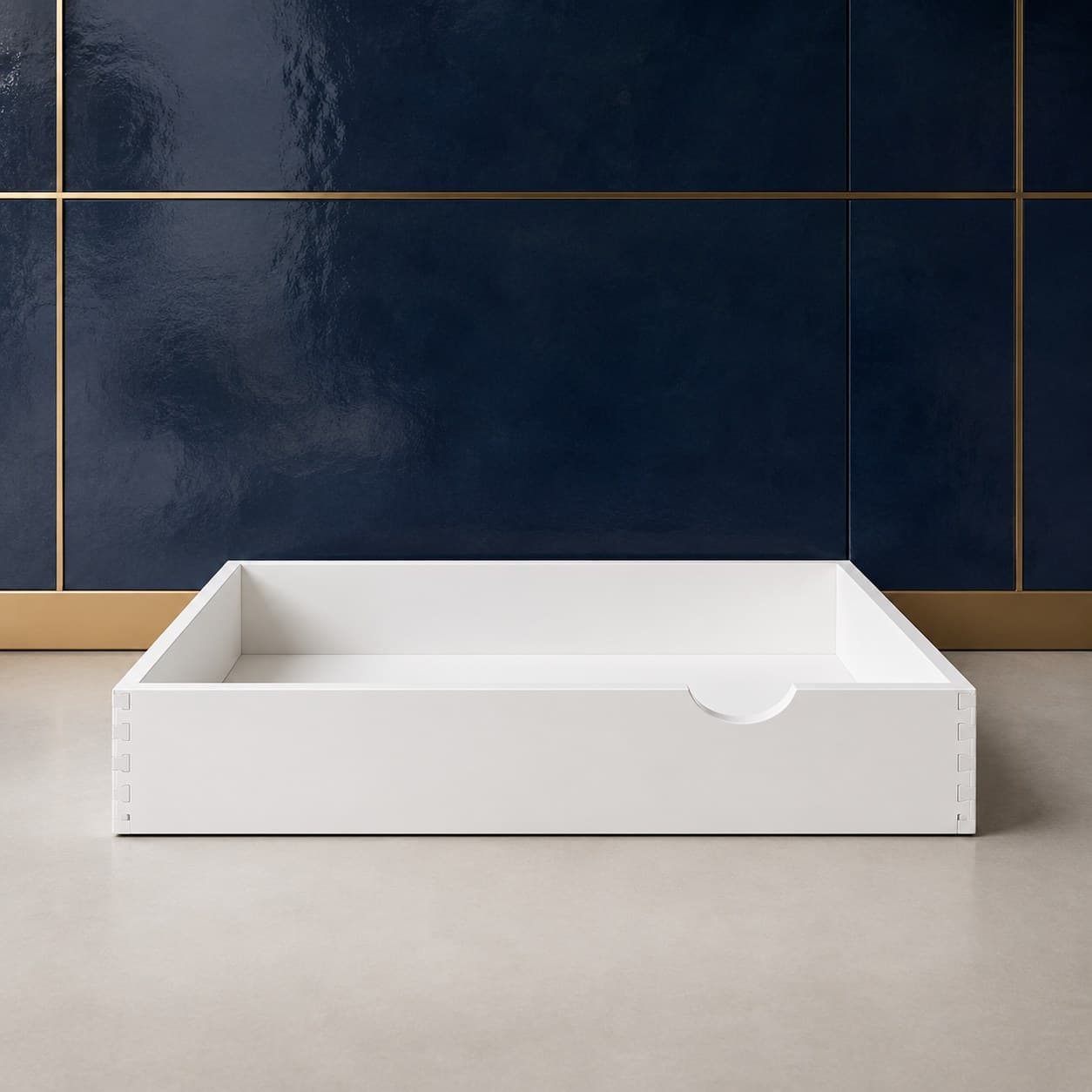 30 inch wide sliding pullout shelf with a low-profile wood drawer box, shown extended on glides, in Purity White finish — front view
