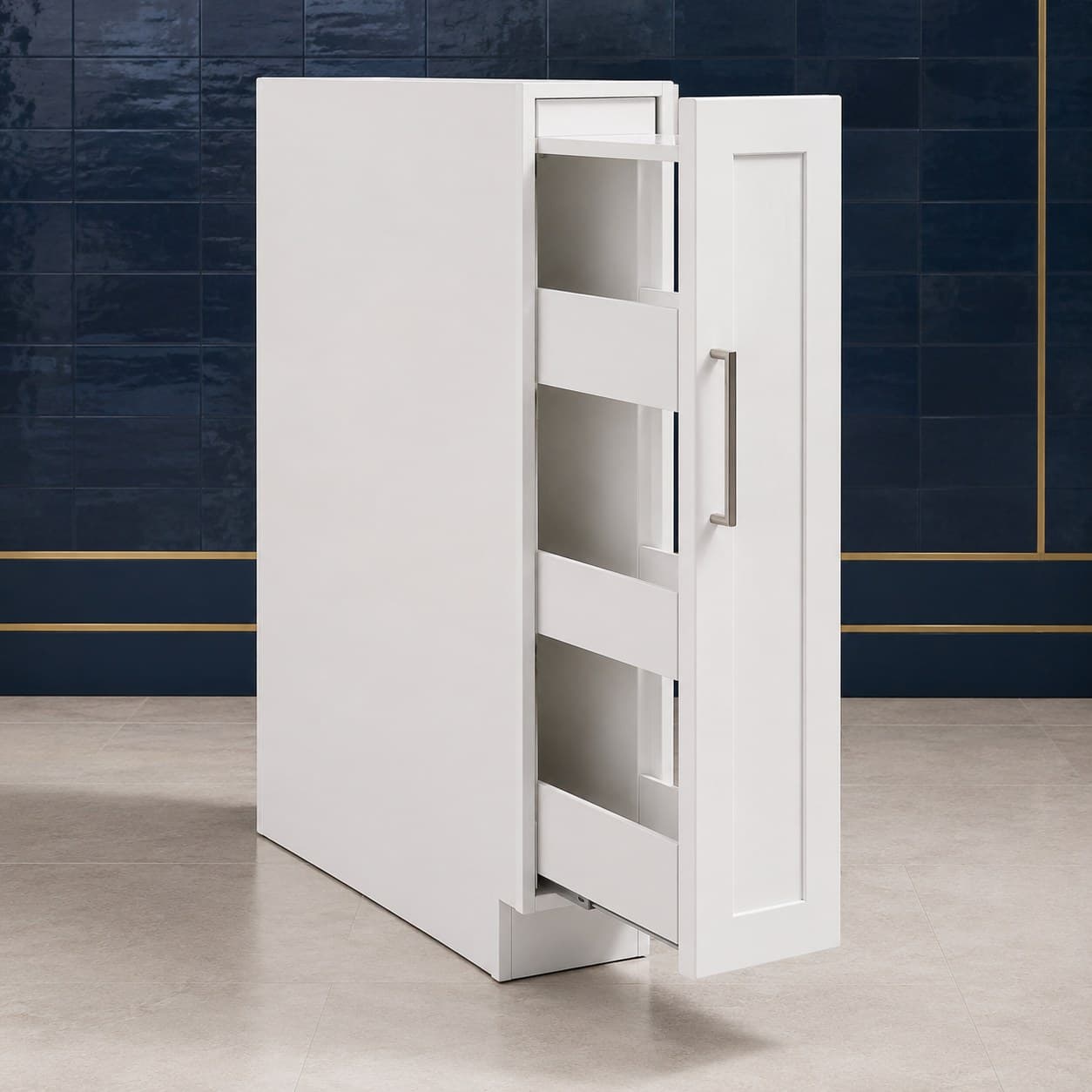 Narrow 9 inch base spice rack cabinet with three shelf tiers and a top drawer, all-wood construction, in Purity White finish — front view