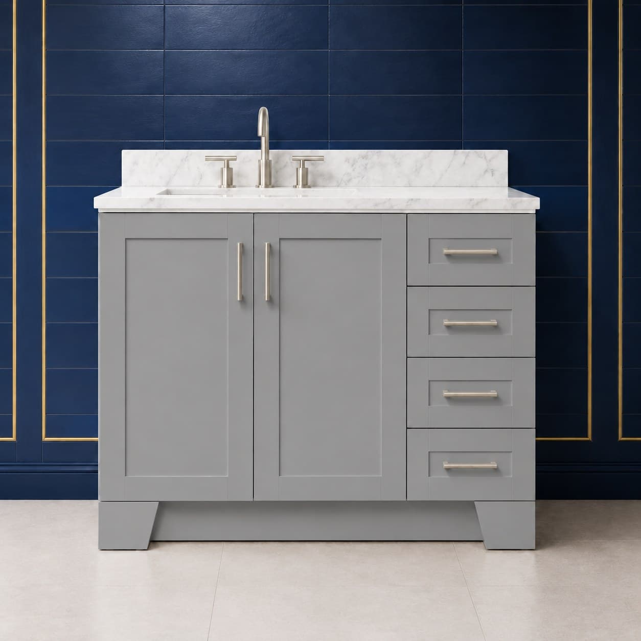Quill 42 inch left offset single sink bathroom vanity with the basin positioned to the left, doors below the sink, and a column of dovetail drawers on the right, in Modern Gray finish — front view