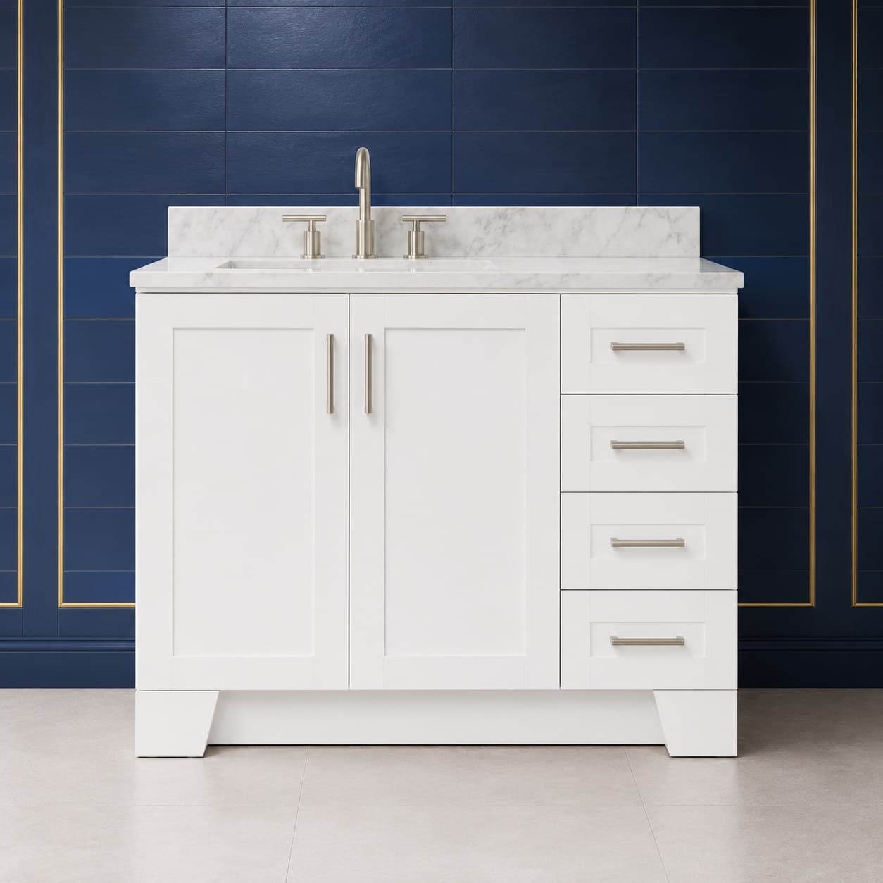 Quill 42 inch left offset single sink bathroom vanity with the basin positioned to the left, doors below the sink, and a column of dovetail drawers on the right, in Purity White finish — front view