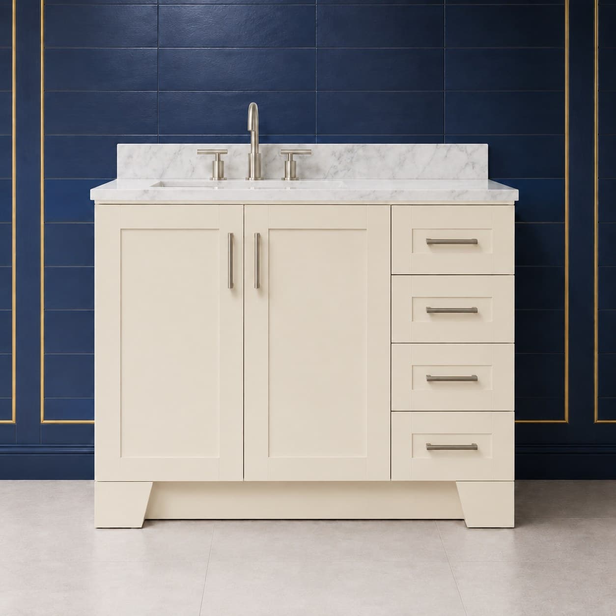 Quill 42 inch left offset single sink bathroom vanity with the basin positioned to the left, doors below the sink, and a column of dovetail drawers on the right, in Seashell Cream finish — front view