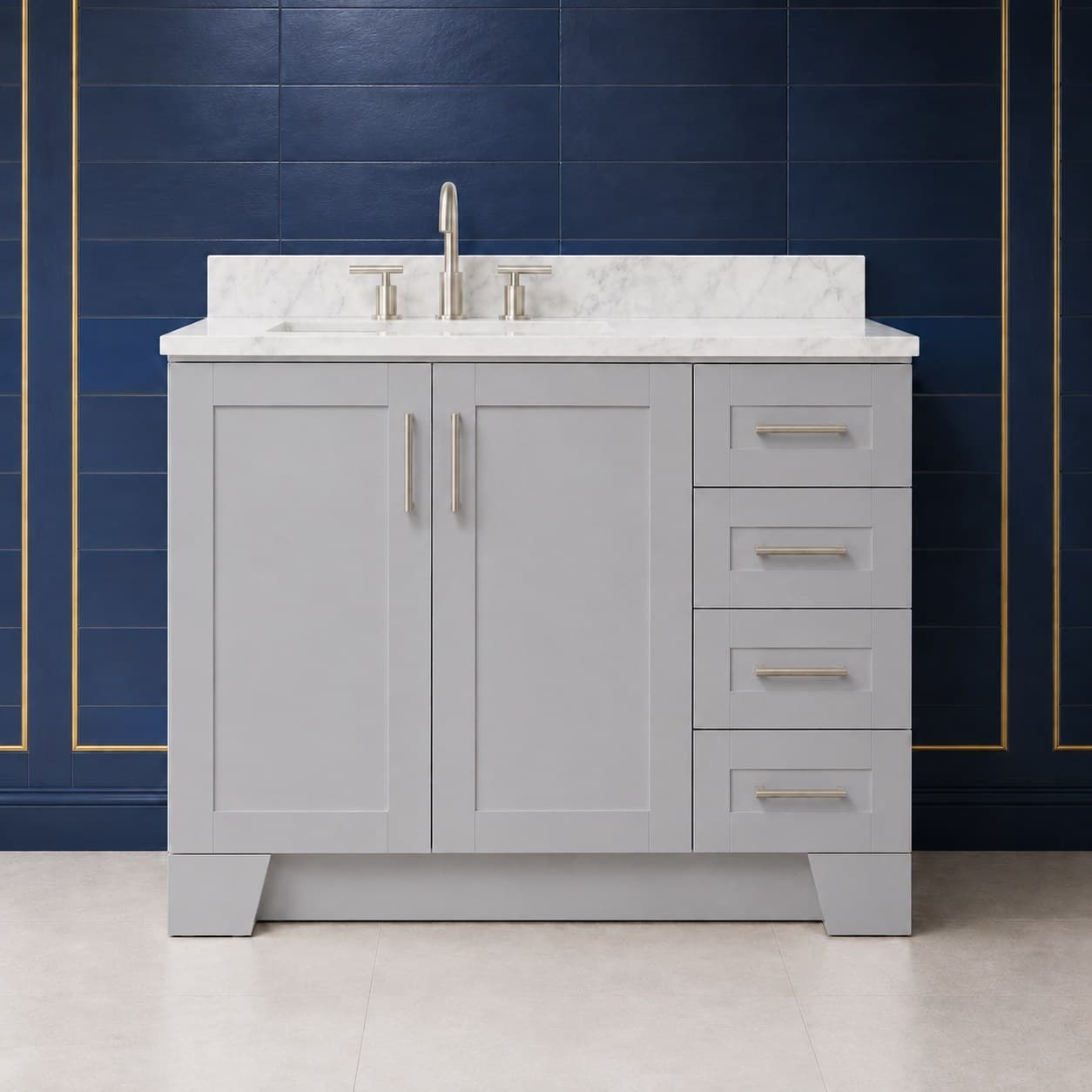 Quill 42 inch left offset single sink bathroom vanity with the basin positioned to the left, doors below the sink, and a column of dovetail drawers on the right, in Silver Gray finish — front view