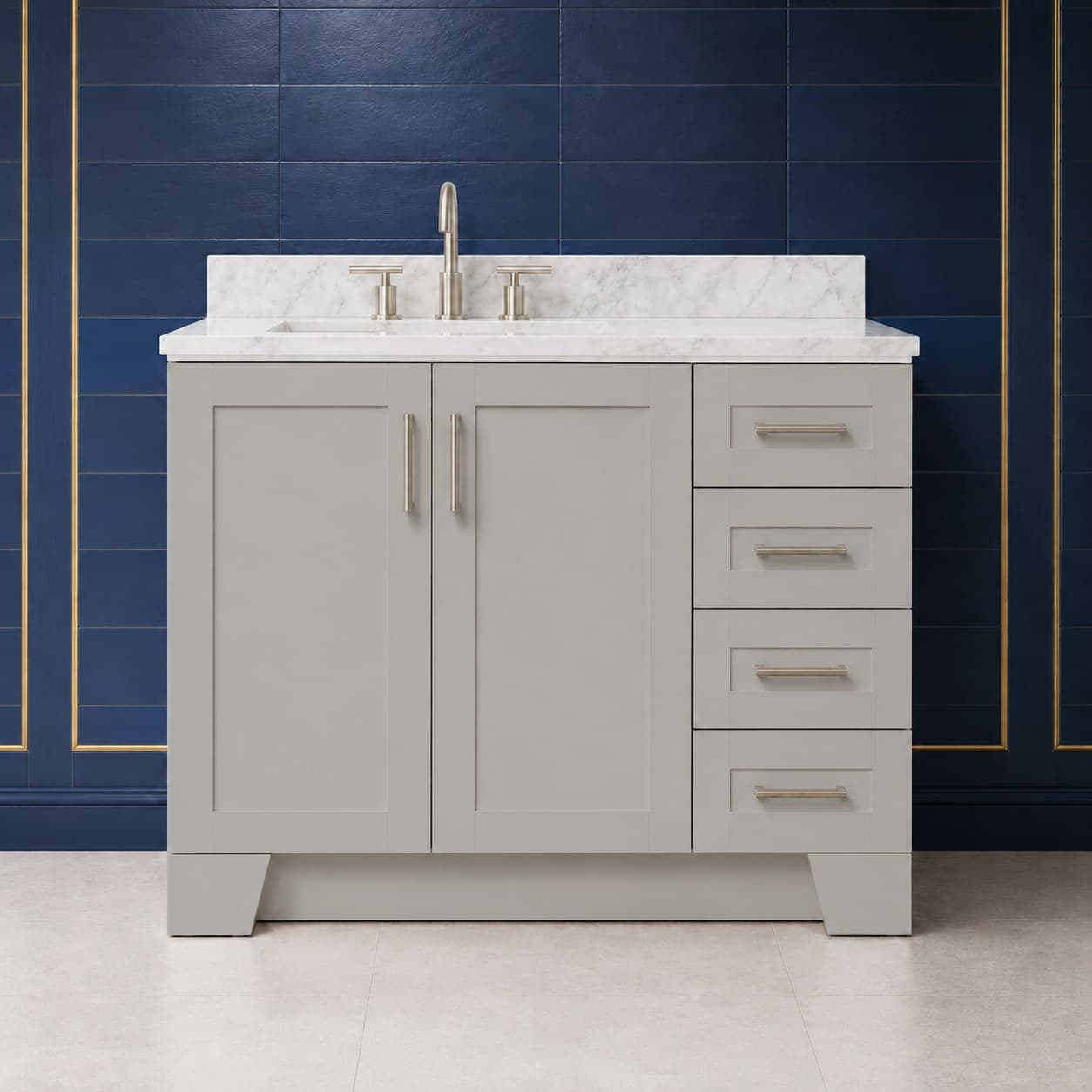 Quill 42 inch left offset single sink bathroom vanity with the basin positioned to the left, doors below the sink, and a column of dovetail drawers on the right, in Victory Gray finish — front view
