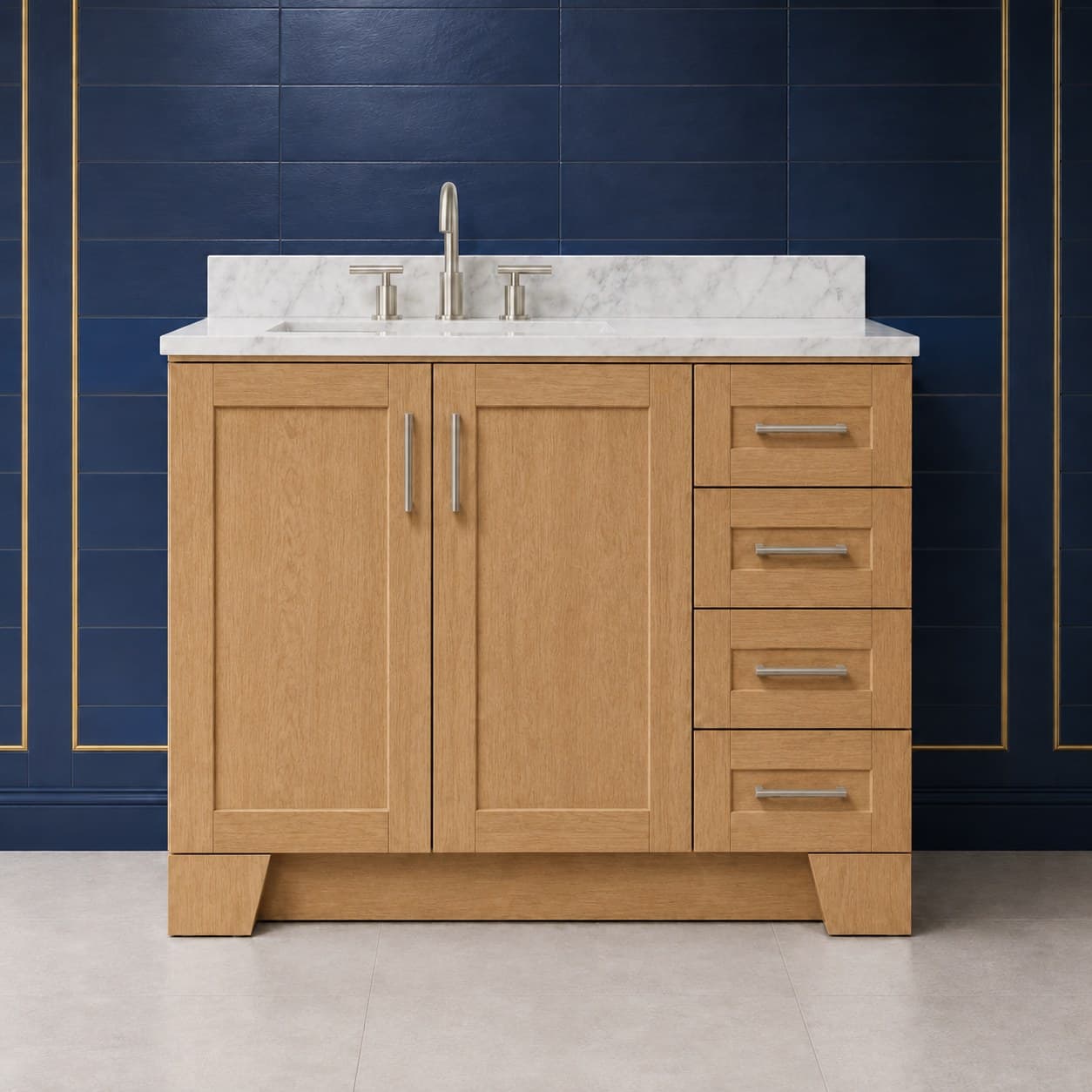Quill 42 inch left offset single sink bathroom vanity with the basin positioned to the left, doors below the sink, and a column of dovetail drawers on the right, in Wood Color finish — front view