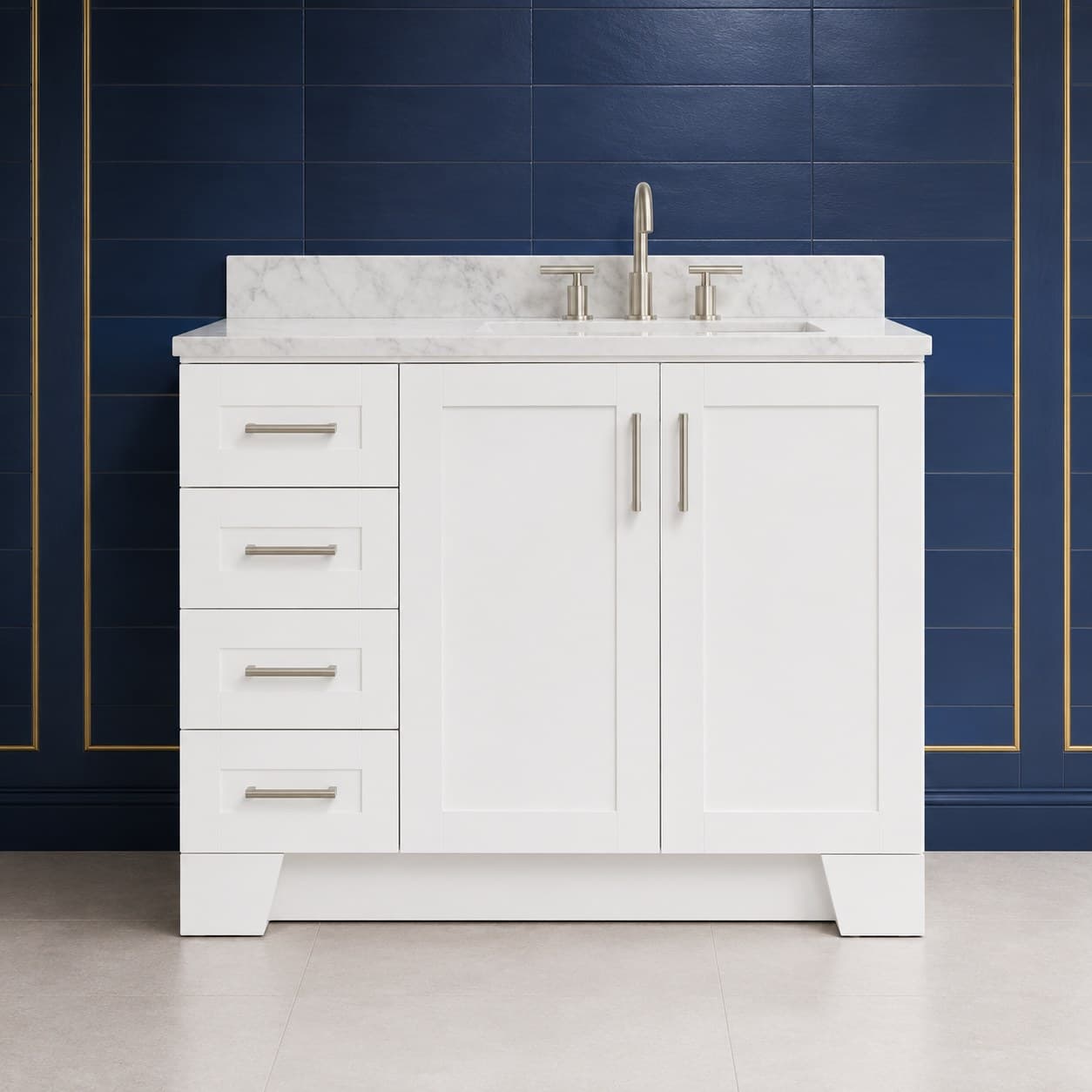Quill 42 inch right offset single sink bathroom vanity with the basin positioned to the right, doors below the sink, and a column of dovetail drawers on the left, in Purity White finish — front view