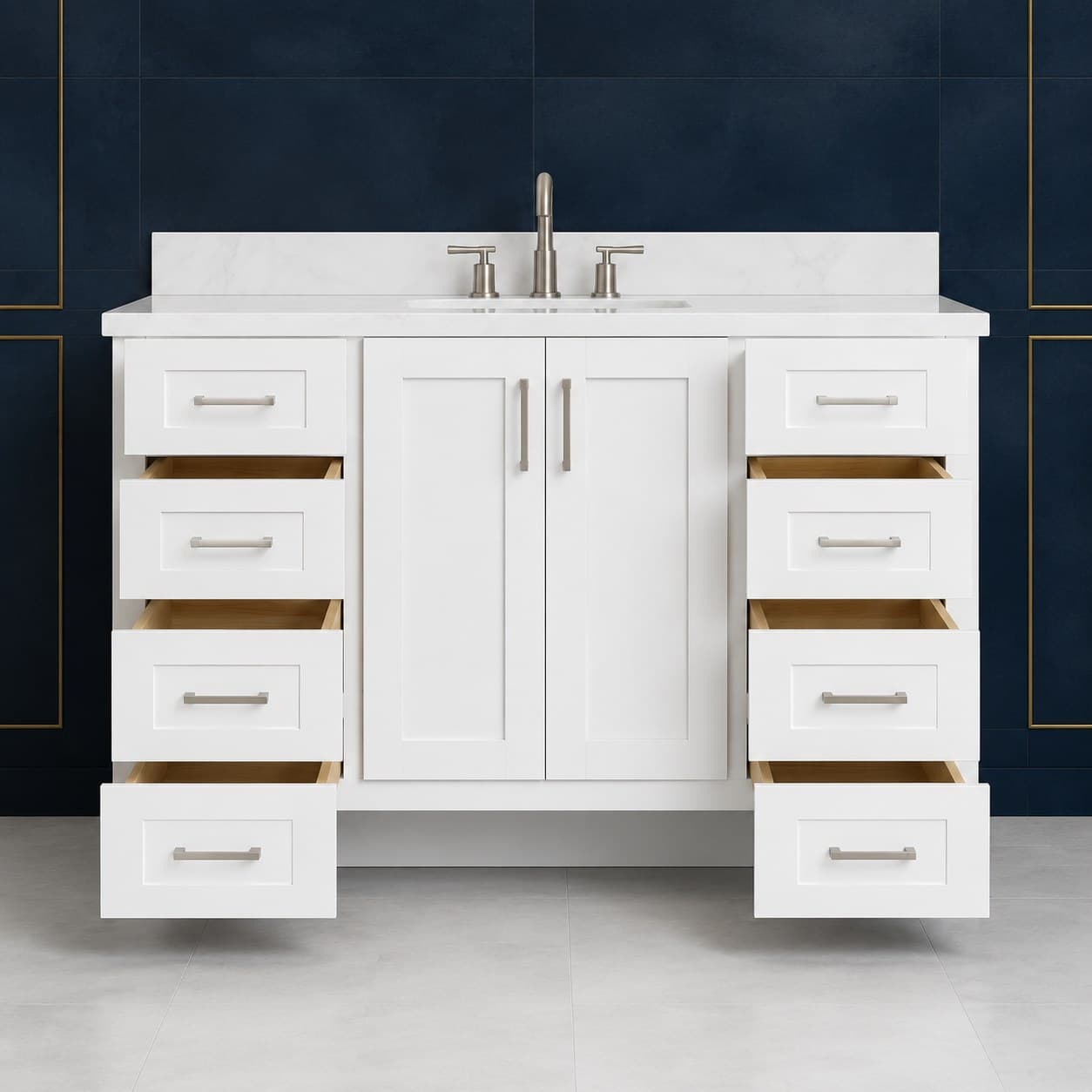 Quill 54 inch single sink bathroom vanity showing solid wood doors, full-extension dovetail drawers, and a single-basin top, finish-neutral front view, in Purity White finish