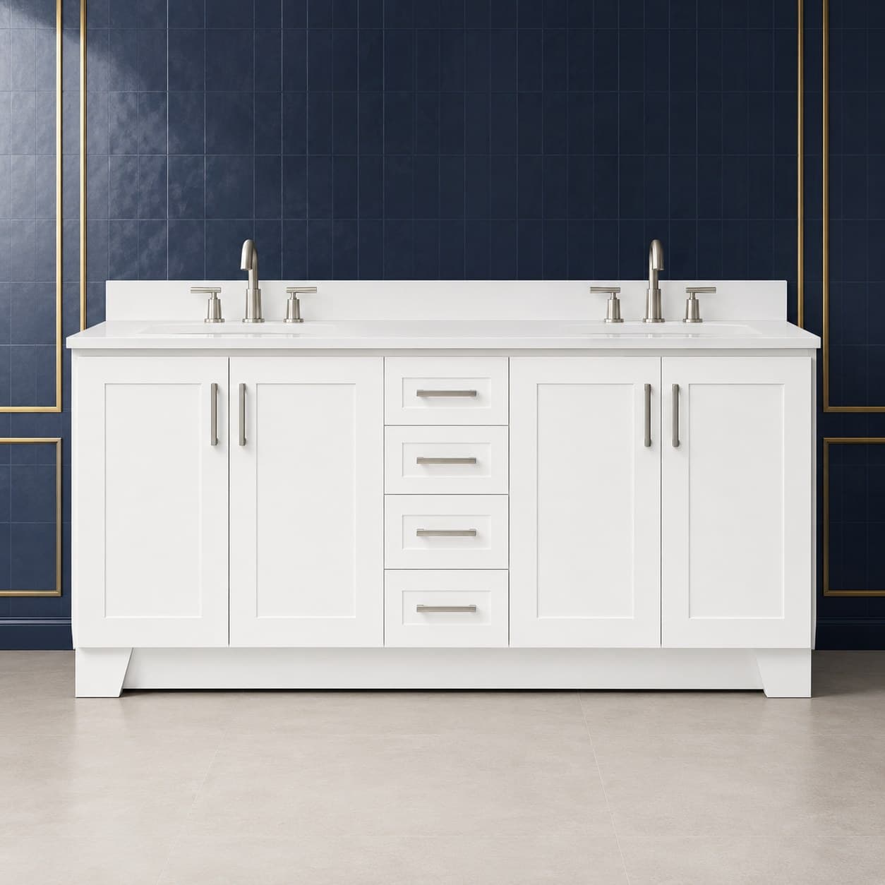 Quill 72 inch double sink bathroom vanity with two basins, twin soft-close door bays, and a center stack of dovetail drawers, in Purity White finish — front view