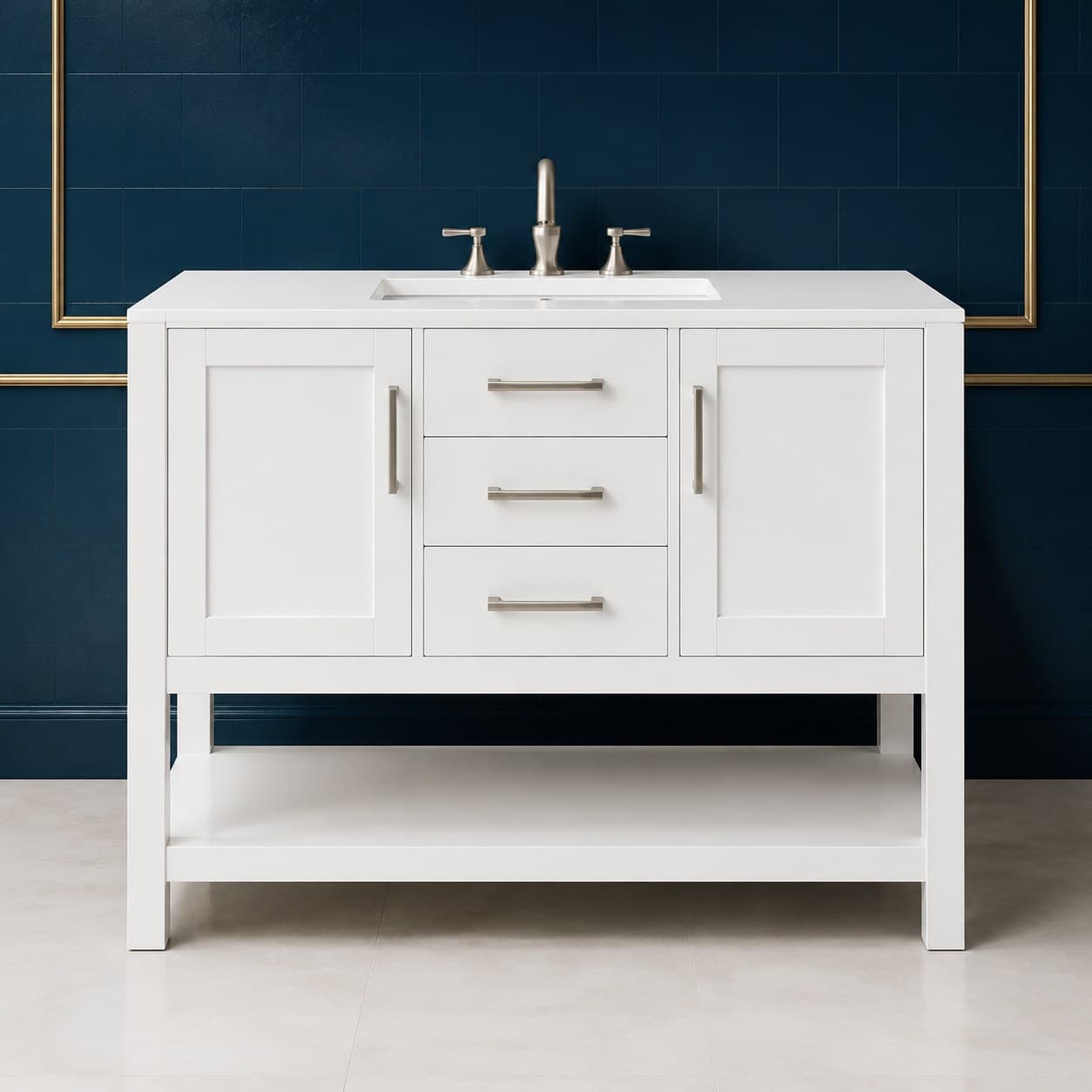 Freestanding Remy 42 inch single sink bathroom vanity with framed soft-close doors, a bank of dovetail drawers, and a countertop with single basin, in Purity White finish — front view