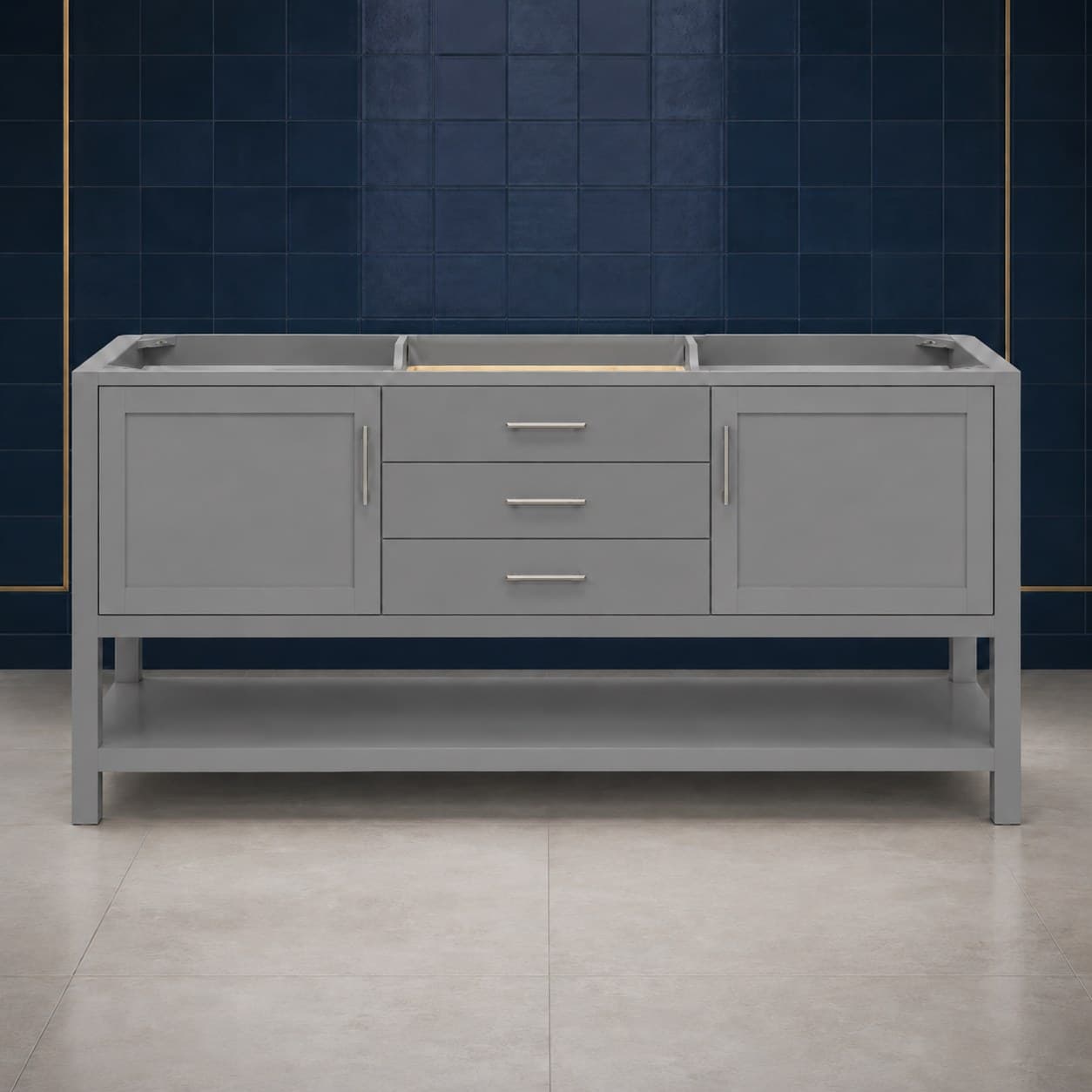 Remy 72 inch double sink bathroom vanity with two basins, twin soft-close door bays, and a center stack of dovetail drawers, in Modern Gray finish — front view