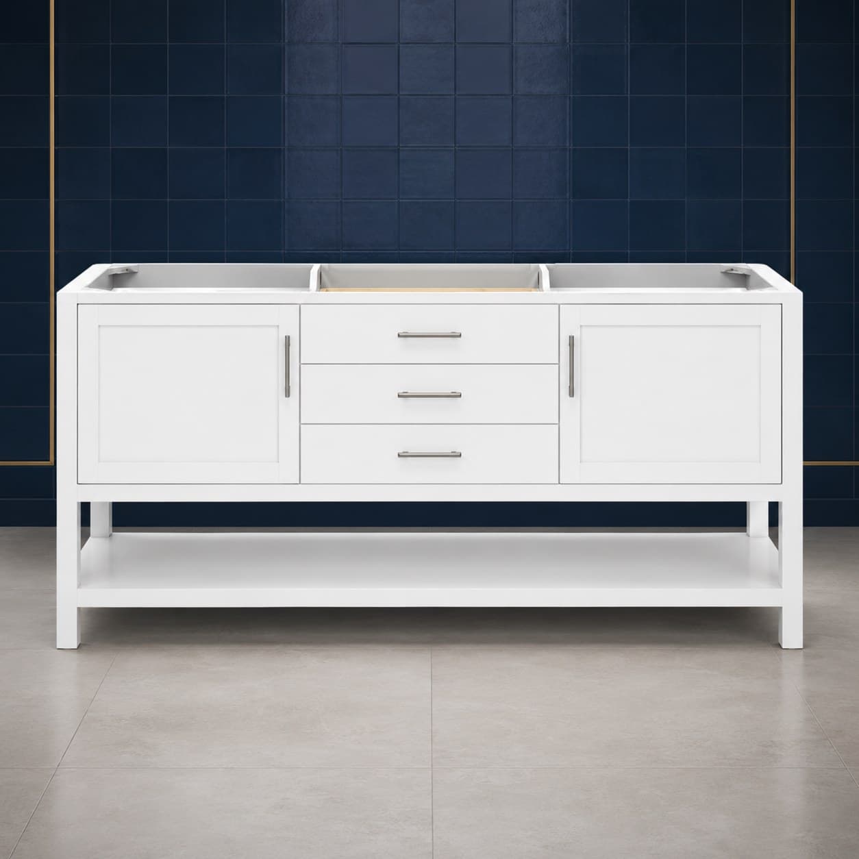 Remy 72 inch double sink bathroom vanity with two basins, twin soft-close door bays, and a center stack of dovetail drawers, in Purity White finish — front view