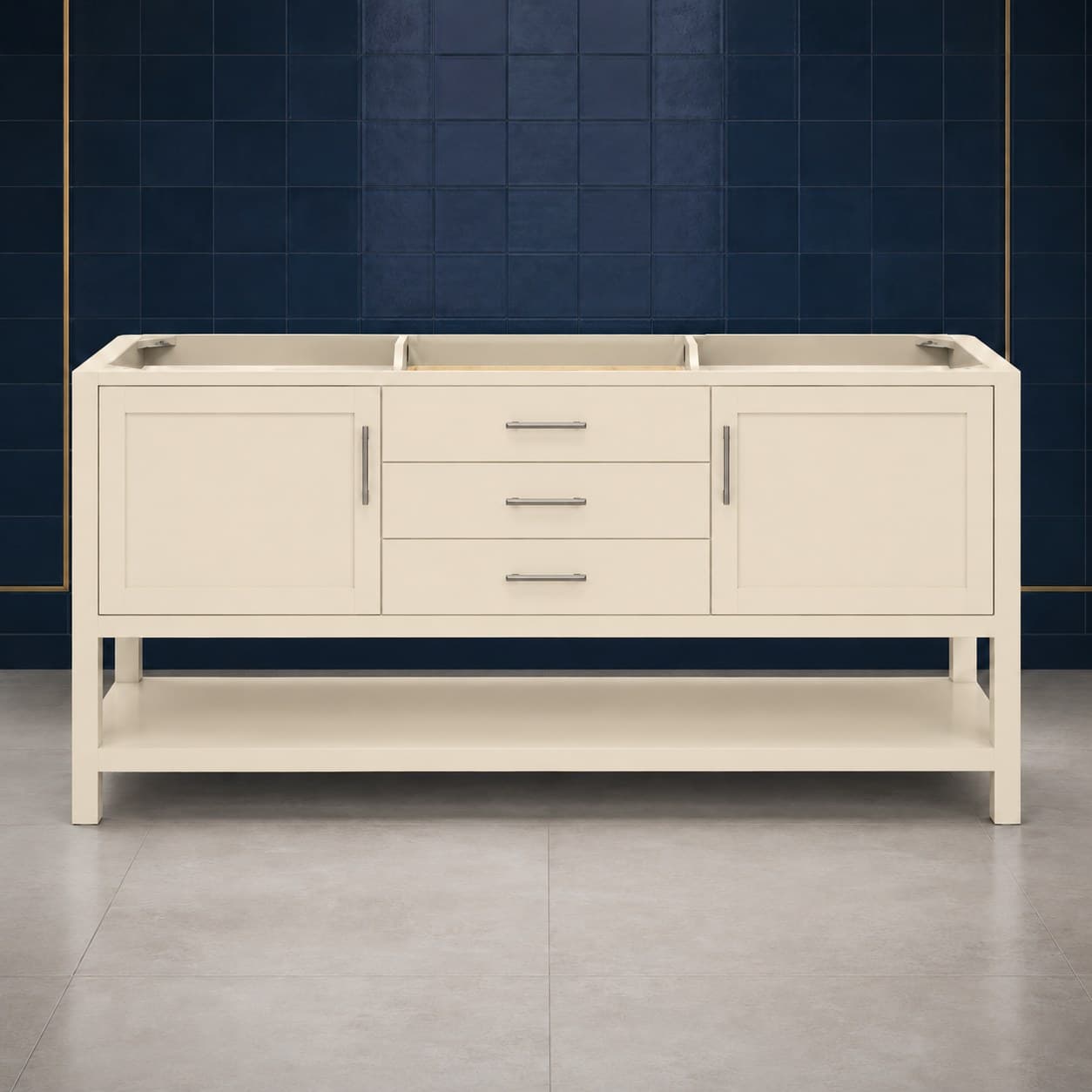 Remy 72 inch double sink bathroom vanity with two basins, twin soft-close door bays, and a center stack of dovetail drawers, in Seashell Cream finish — front view
