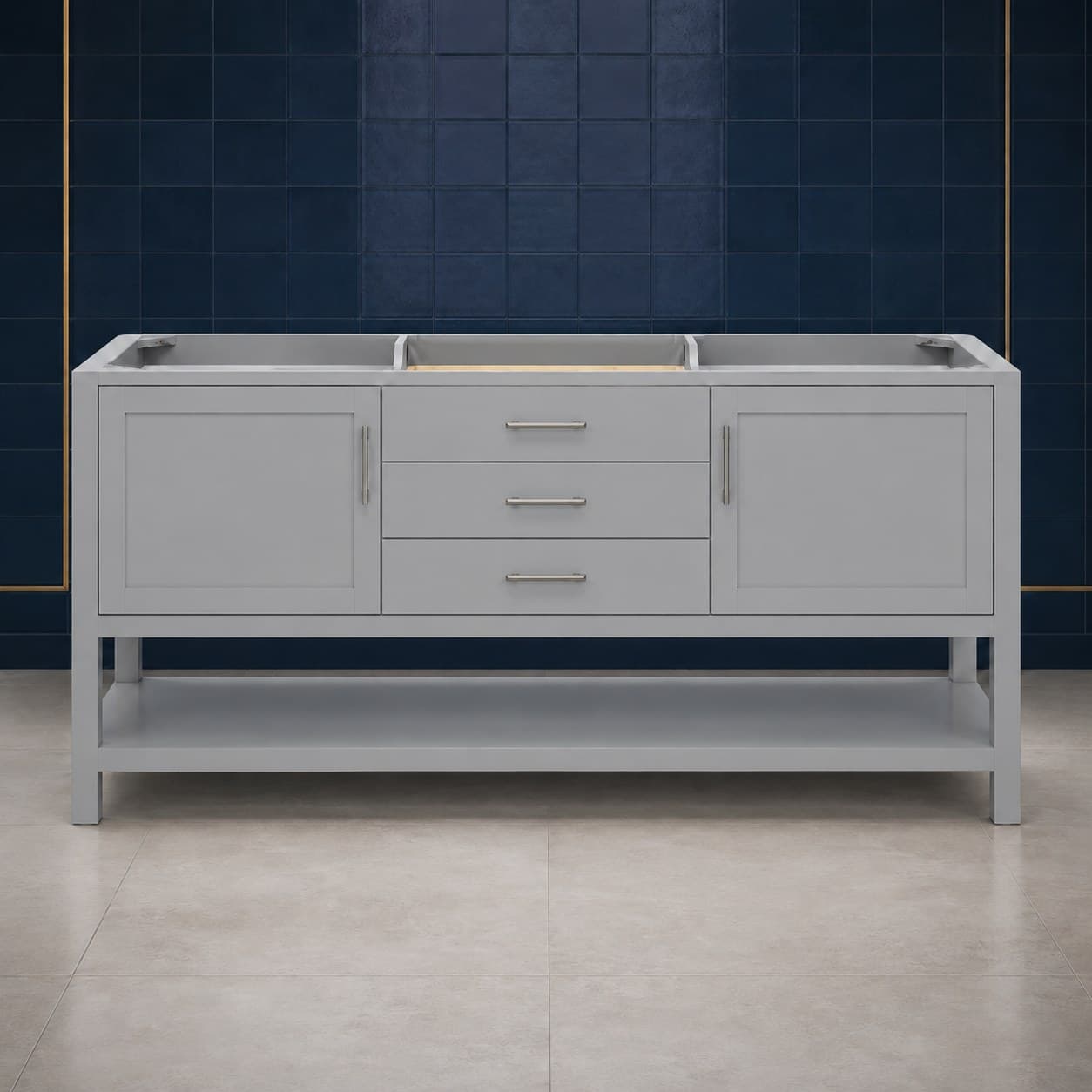 Remy 72 inch double sink bathroom vanity with two basins, twin soft-close door bays, and a center stack of dovetail drawers, in Silver Gray finish — front view
