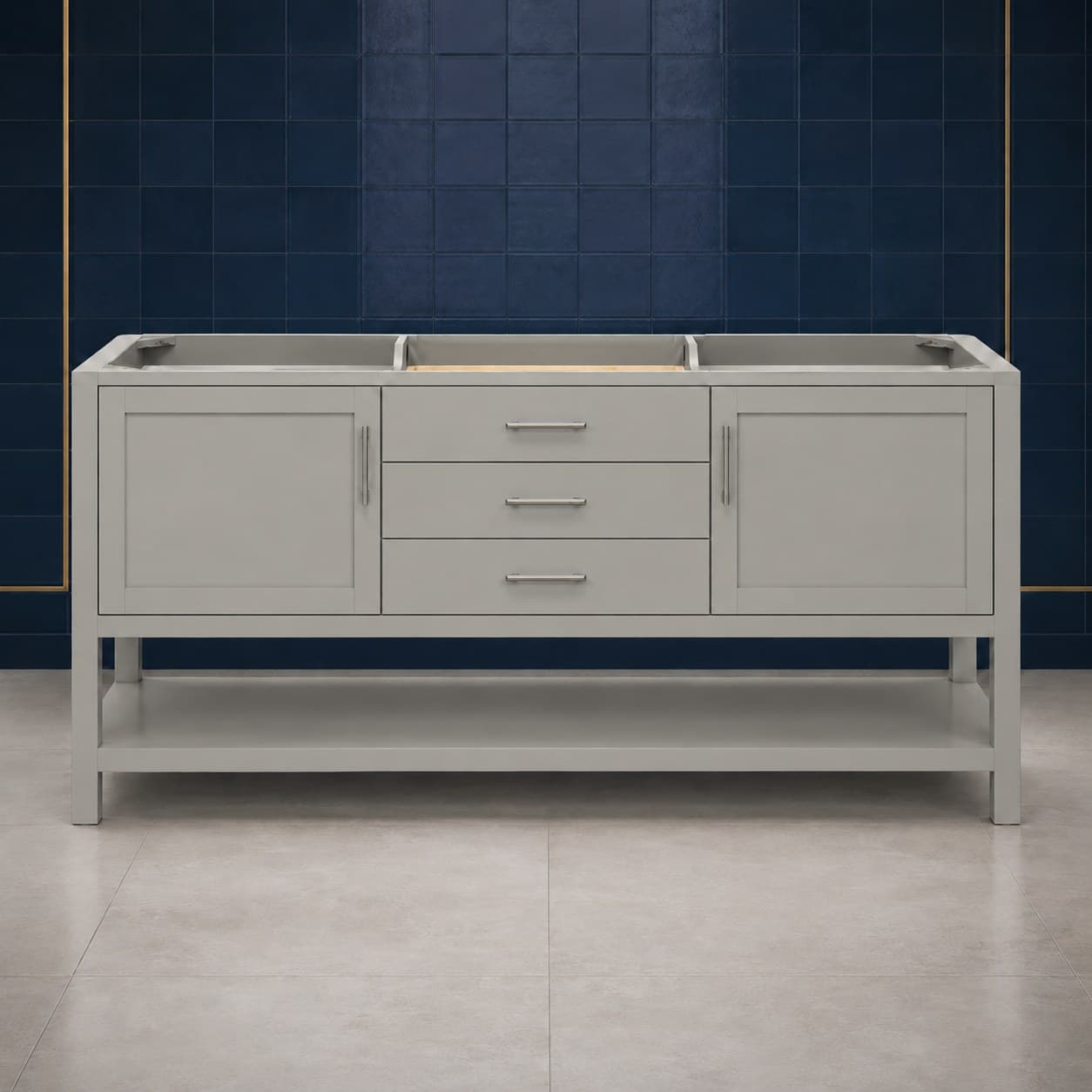 Remy 72 inch double sink bathroom vanity with two basins, twin soft-close door bays, and a center stack of dovetail drawers, in Victory Gray finish — front view