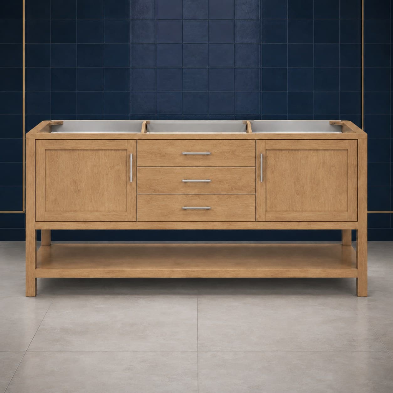 Remy 72 inch double sink bathroom vanity with two basins, twin soft-close door bays, and a center stack of dovetail drawers, in Wood Color finish — front view