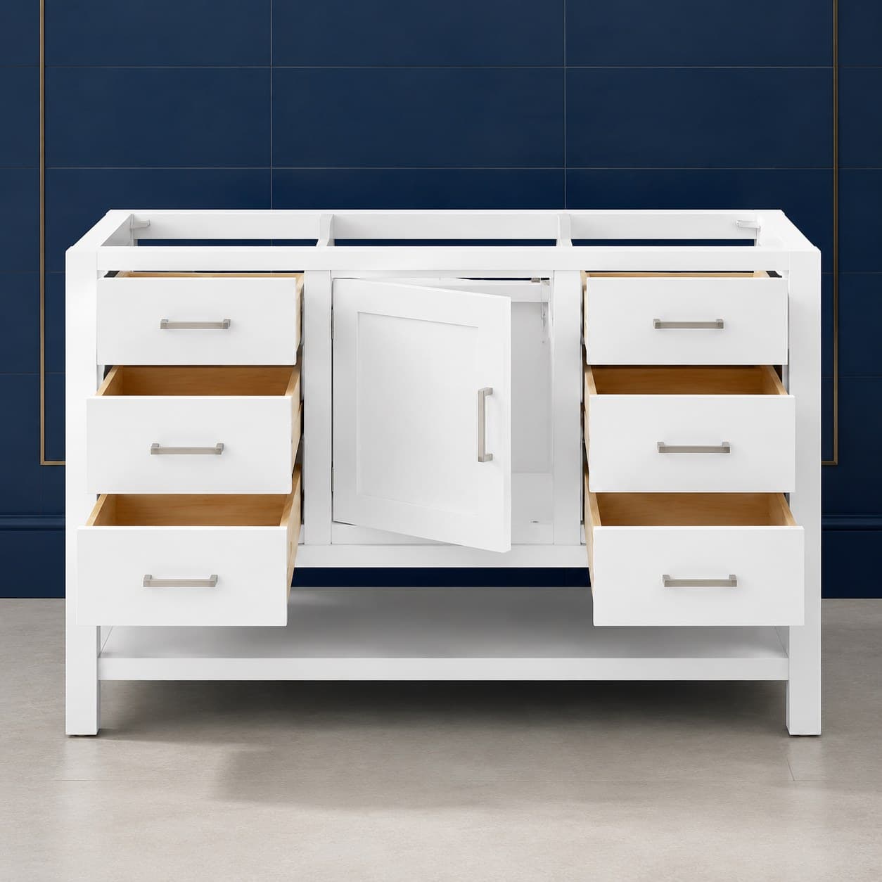 Freestanding Silas 54 inch single sink bathroom vanity with framed soft-close doors, a bank of dovetail drawers, and a countertop with single basin, in Purity White finish — front view