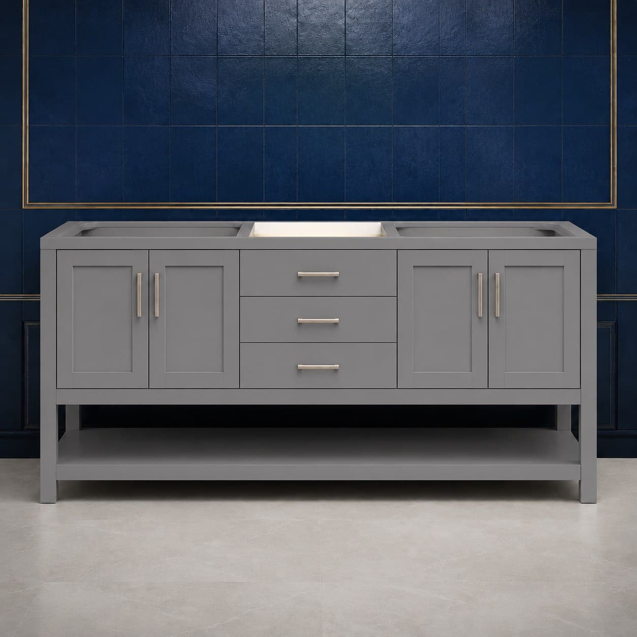 Silas 72 inch double sink bathroom vanity with two basins, twin soft-close door bays, and a center stack of dovetail drawers, in Modern Gray finish — front view