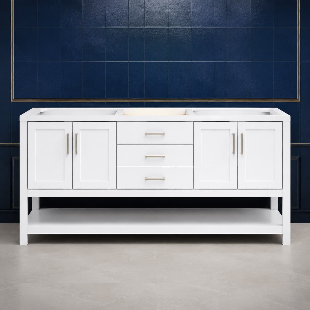 Silas 72 inch double sink bathroom vanity with two basins, twin soft-close door bays, and a center stack of dovetail drawers, in Purity White finish — front view