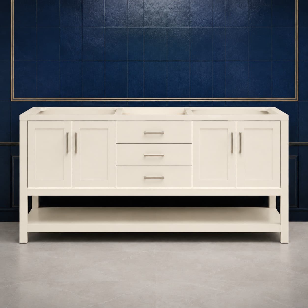 Silas 72 inch double sink bathroom vanity with two basins, twin soft-close door bays, and a center stack of dovetail drawers, in Seashell Cream finish — front view