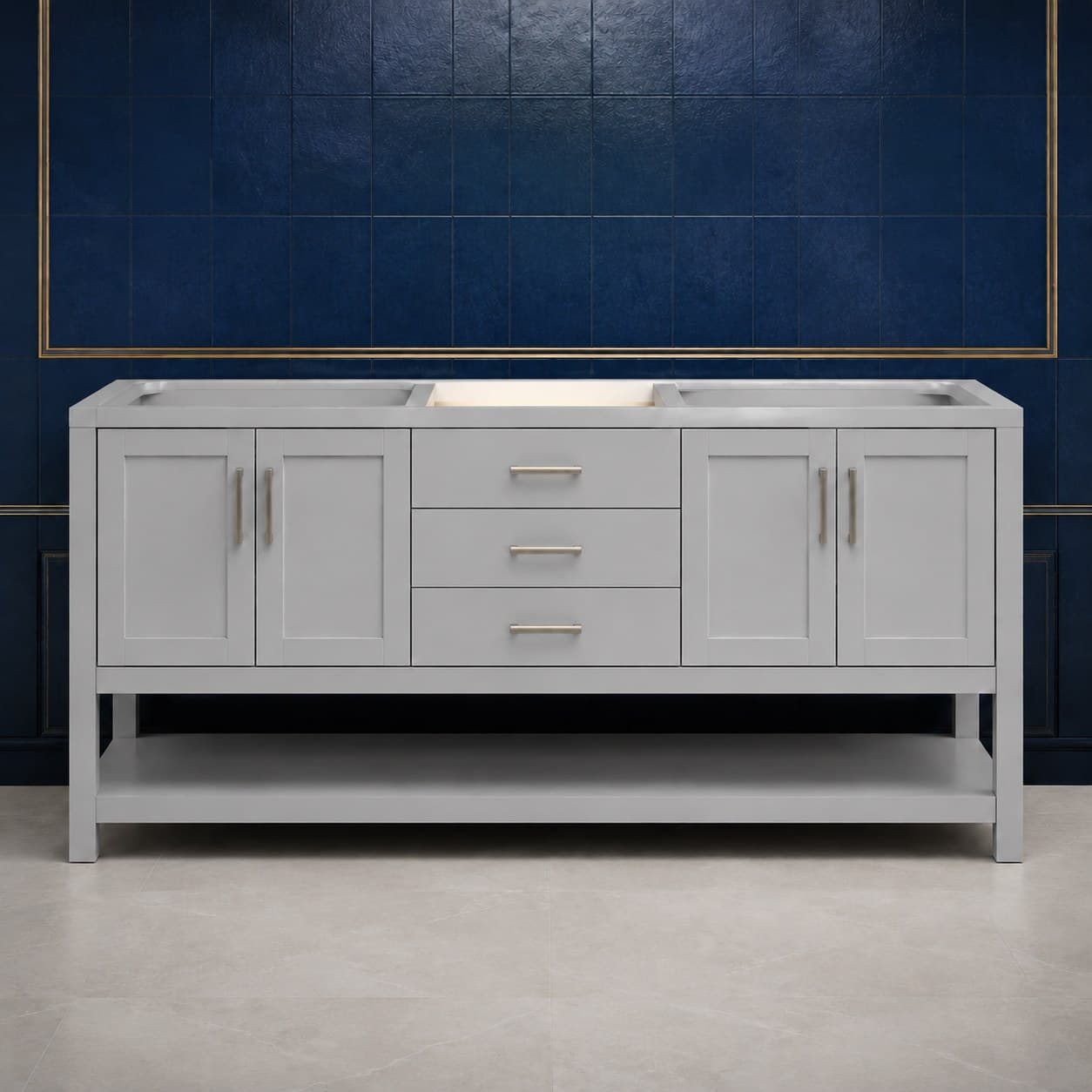 Silas 72 inch double sink bathroom vanity with two basins, twin soft-close door bays, and a center stack of dovetail drawers, in Silver Gray finish — front view