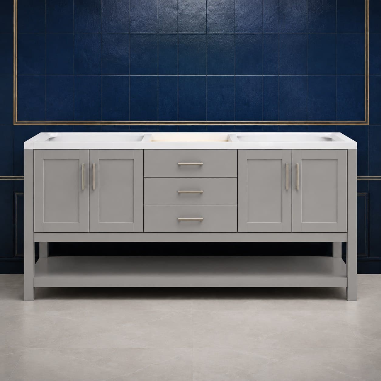 Silas 72 inch double sink bathroom vanity with two basins, twin soft-close door bays, and a center stack of dovetail drawers, in Victory Gray finish — front view