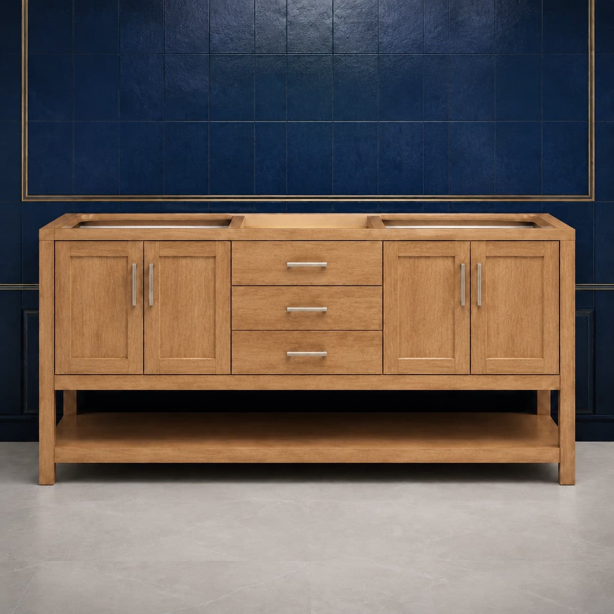 Silas 72 inch double sink bathroom vanity with two basins, twin soft-close door bays, and a center stack of dovetail drawers, in Wood Color finish — front view