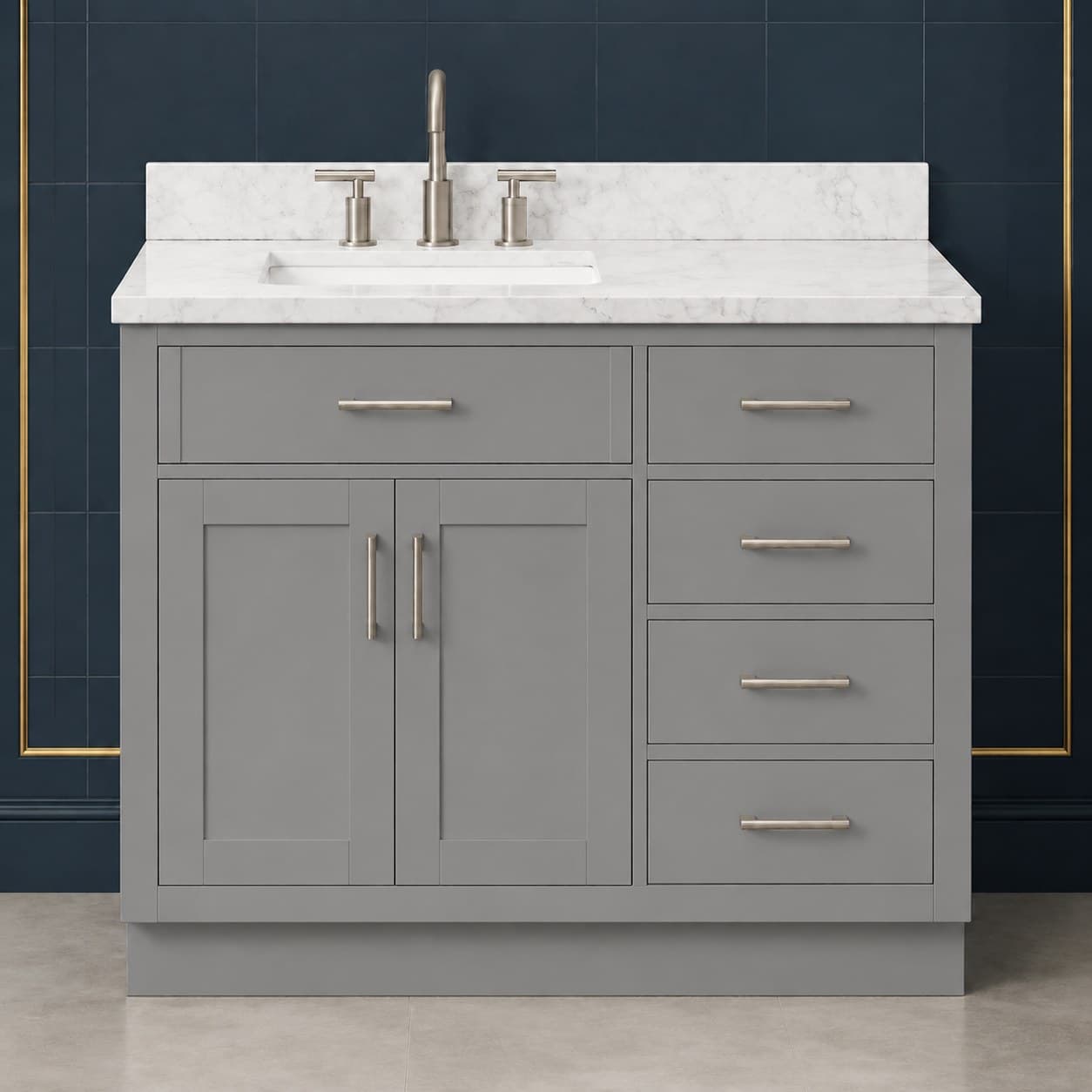 Torin 42 inch left offset single sink bathroom vanity with the basin positioned to the left, doors below the sink, and a column of dovetail drawers on the right, in Modern Gray finish — front view