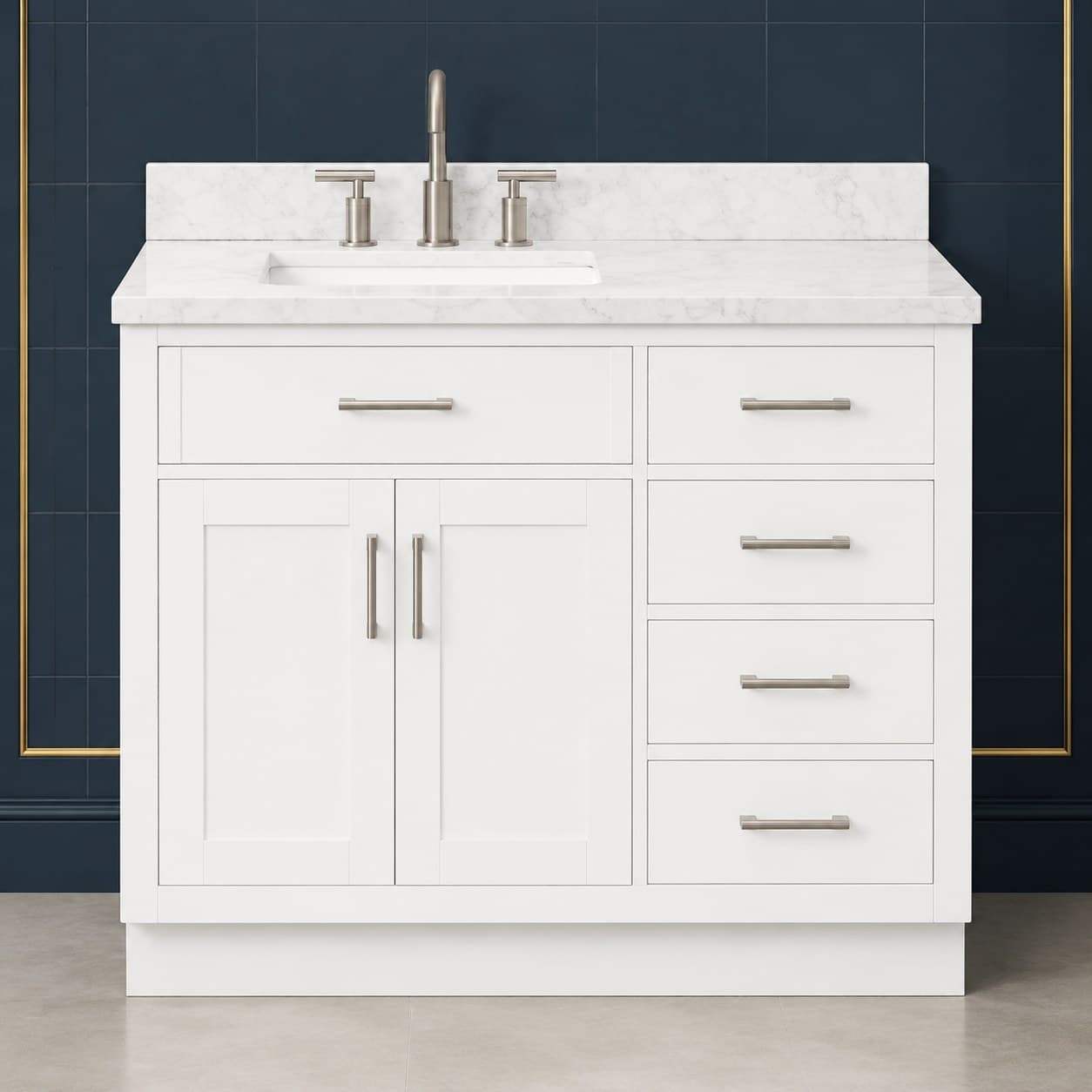 Torin 42 inch left offset single sink bathroom vanity with the basin positioned to the left, doors below the sink, and a column of dovetail drawers on the right, in Purity White finish — front view