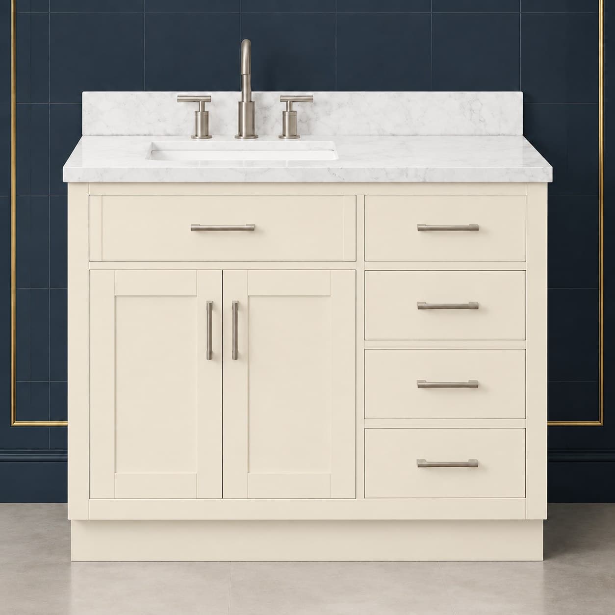 Torin 42 inch left offset single sink bathroom vanity with the basin positioned to the left, doors below the sink, and a column of dovetail drawers on the right, in Seashell Cream finish — front view