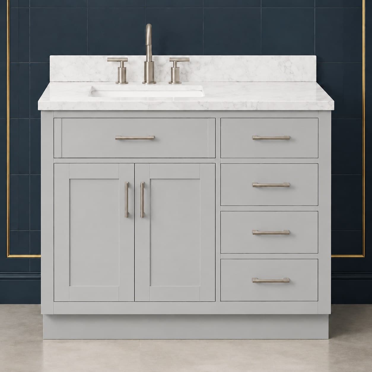 Torin 42 inch left offset single sink bathroom vanity with the basin positioned to the left, doors below the sink, and a column of dovetail drawers on the right, in Silver Gray finish — front view