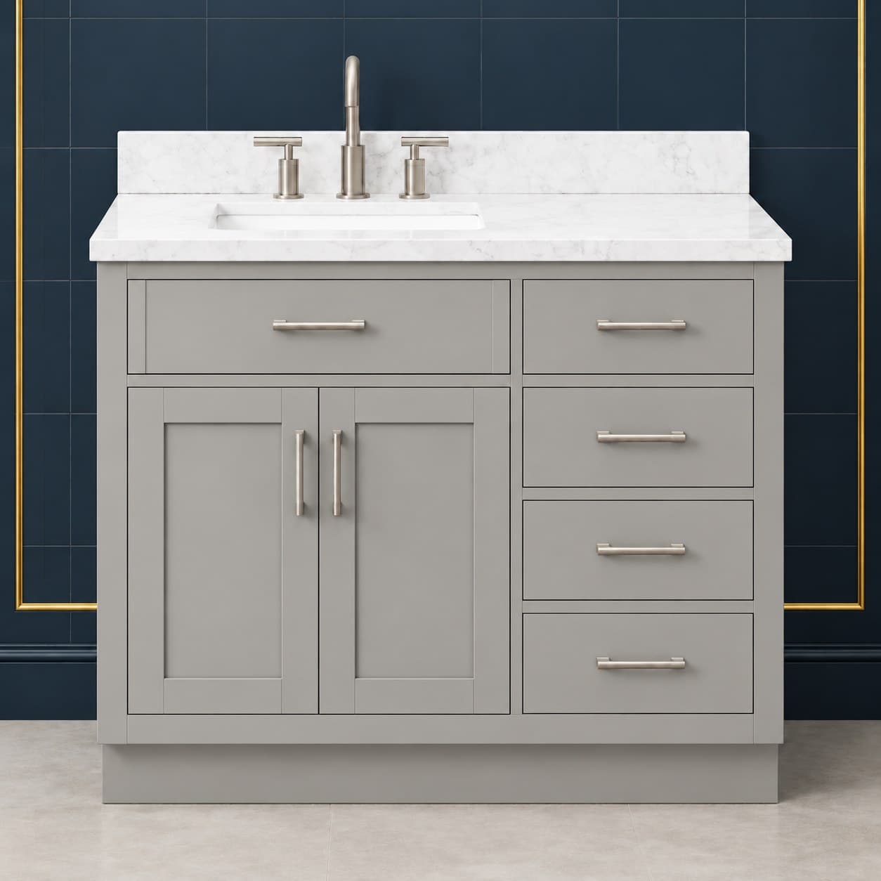 Torin 42 inch left offset single sink bathroom vanity with the basin positioned to the left, doors below the sink, and a column of dovetail drawers on the right, in Victory Gray finish — front view