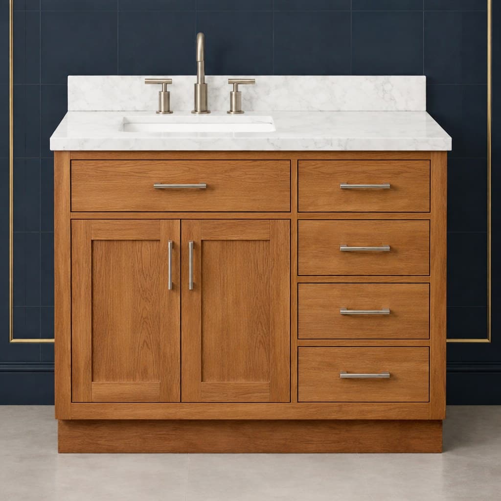 Torin 42 inch left offset single sink bathroom vanity with the basin positioned to the left, doors below the sink, and a column of dovetail drawers on the right, in Wood Color finish — front view