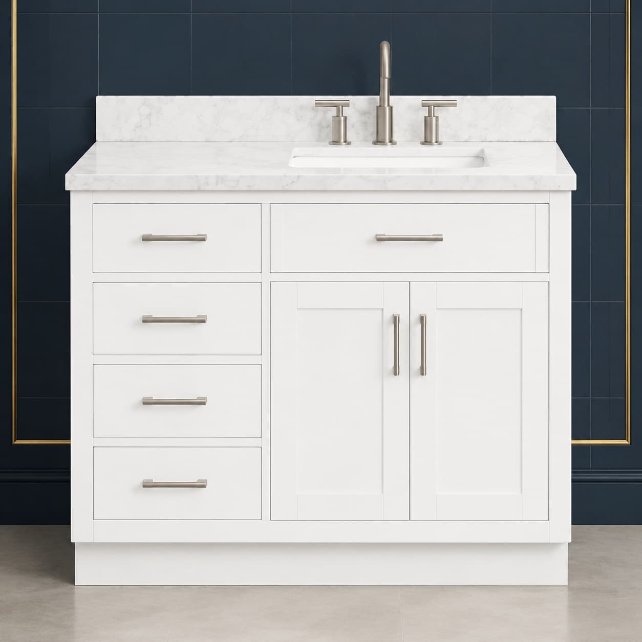 Torin 42 inch right offset single sink bathroom vanity with the basin positioned to the right, doors below the sink, and a column of dovetail drawers on the left, in Purity White finish — front view