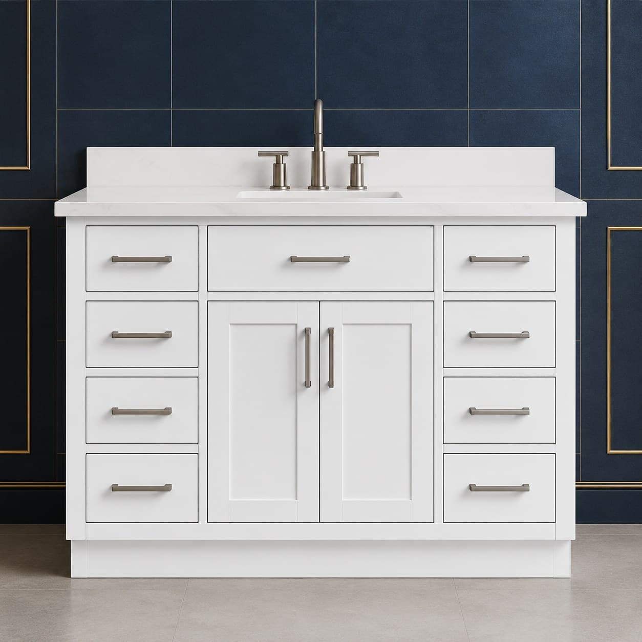 Freestanding Torin 48 inch single sink bathroom vanity with framed soft-close doors, a bank of dovetail drawers, and a countertop with single basin, in Purity White finish — front view