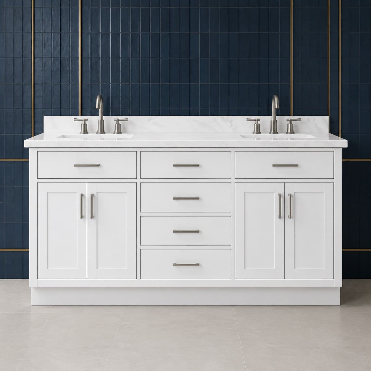 Torin 72 inch double sink bathroom vanity with two basins, twin soft-close door bays, and a center stack of dovetail drawers, in Purity White finish — front view
