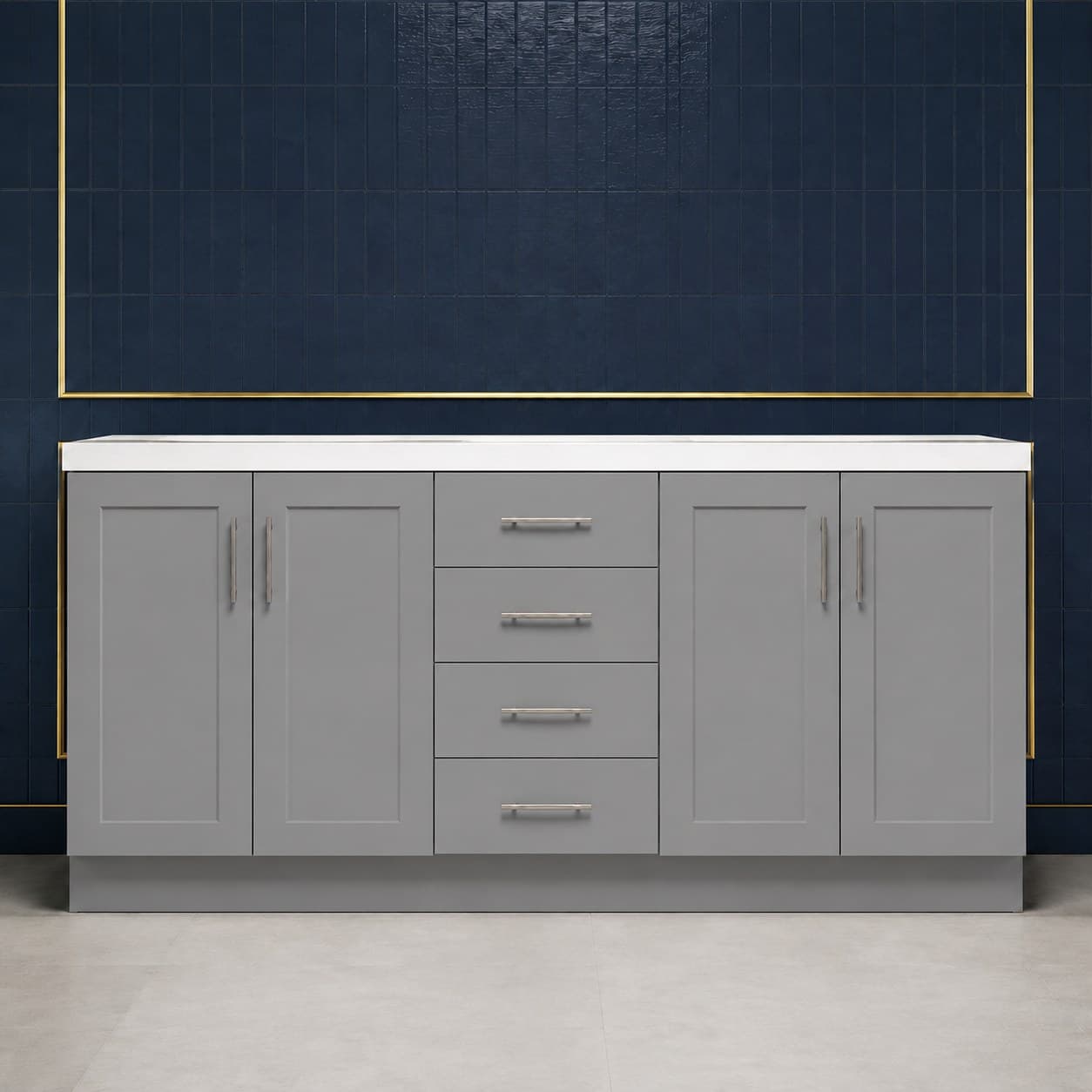 96 inch luxury light rail molding with a deep 2 3/4 inch decorative profile, shown in a smooth neutral wood finish, in Modern Gray finish — front view