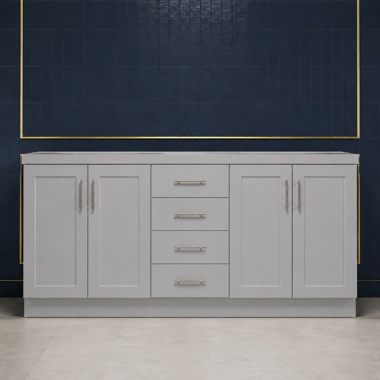 96 inch luxury light rail molding with a deep 2 3/4 inch decorative profile, shown in a smooth neutral wood finish, in Silver Gray finish — front view