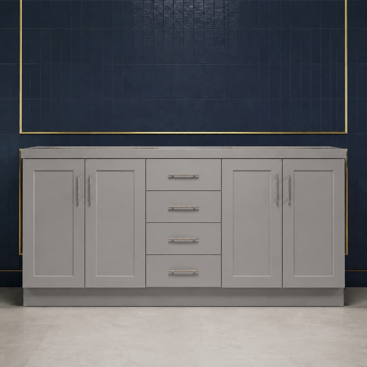 96 inch luxury light rail molding with a deep 2 3/4 inch decorative profile, shown in a smooth neutral wood finish, in Victory Gray finish — front view