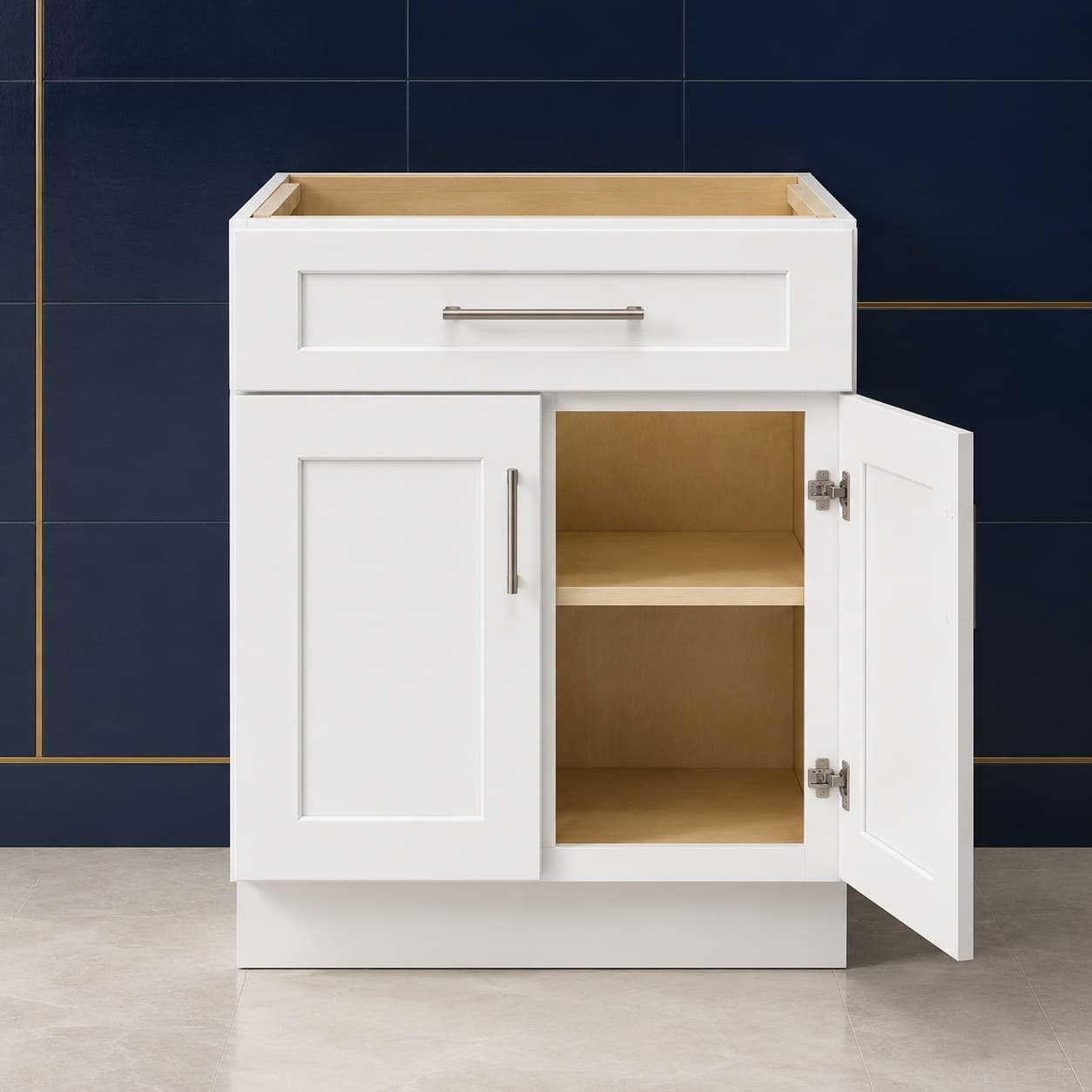 30-inch wide bathroom vanity sink base cabinet with two shaker-style doors and one false drawer front, 34 1/2 inches tall and 21 inches deep, neutral finish, in Purity White finish — front view