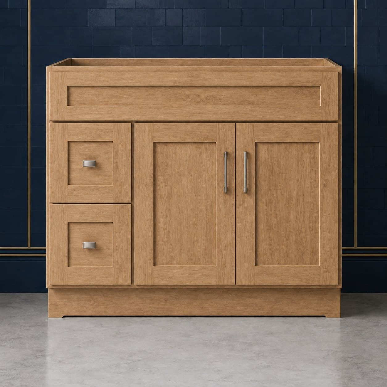 42-inch wide vanity sink base cabinet with a left-side two-drawer stack beside two shaker-style doors topped by a false drawer front, neutral finish, in Wood Color finish — front view