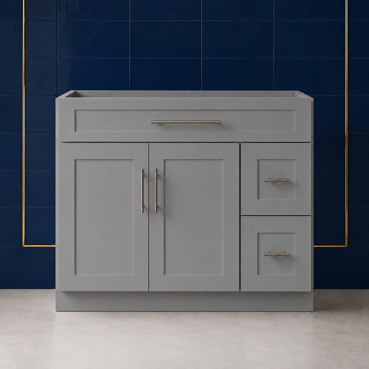 42-inch wide vanity sink base cabinet with two shaker-style doors and a right-side two-drawer stack, 34 1/2 inches tall and 21 inches deep, neutral finish, in Modern Gray finish — front view