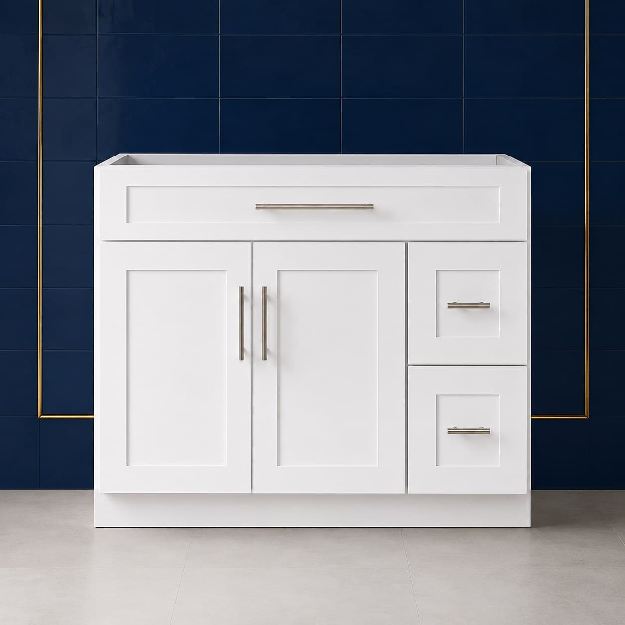 42-inch wide vanity sink base cabinet with two shaker-style doors and a right-side two-drawer stack, 34 1/2 inches tall and 21 inches deep, neutral finish, in Purity White finish — front view