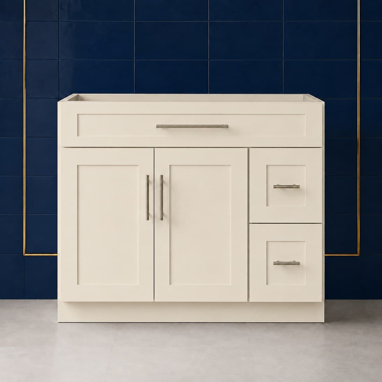 42-inch wide vanity sink base cabinet with two shaker-style doors and a right-side two-drawer stack, 34 1/2 inches tall and 21 inches deep, neutral finish, in Seashell Cream finish — front view