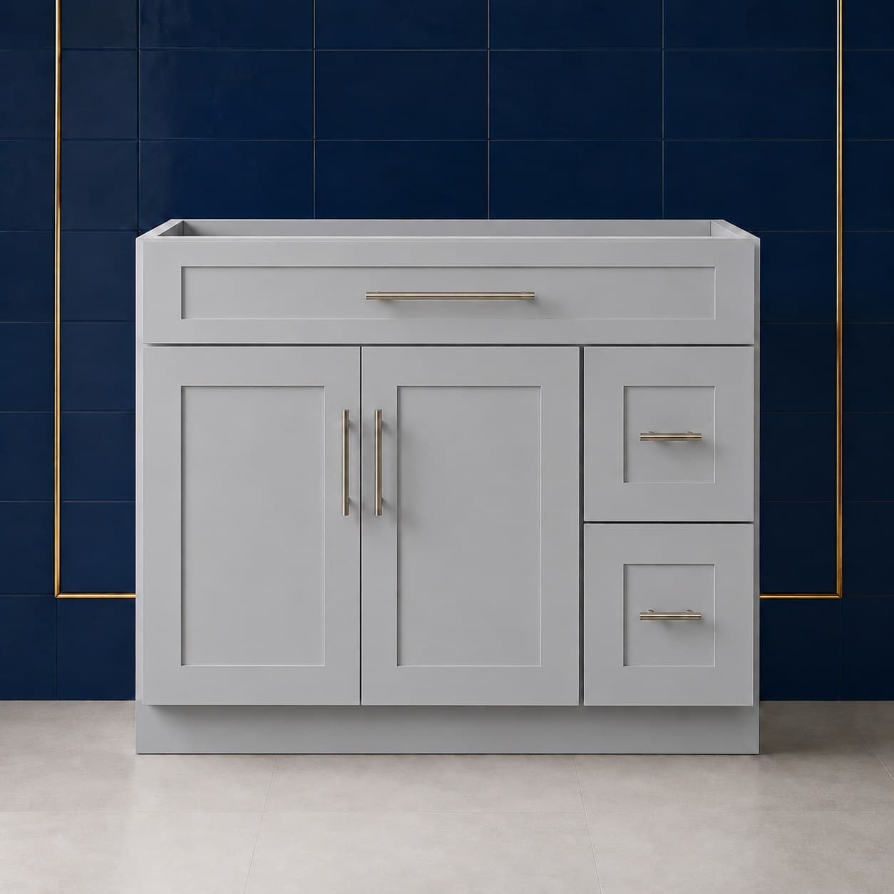 42-inch wide vanity sink base cabinet with two shaker-style doors and a right-side two-drawer stack, 34 1/2 inches tall and 21 inches deep, neutral finish, in Silver Gray finish — front view