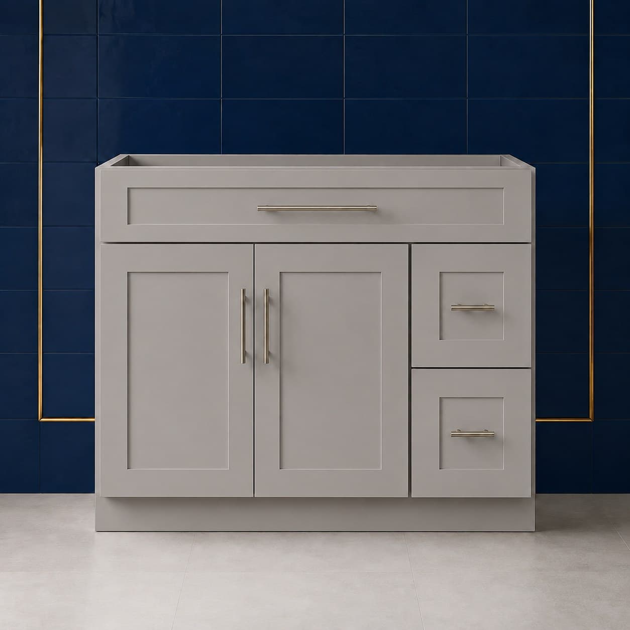 42-inch wide vanity sink base cabinet with two shaker-style doors and a right-side two-drawer stack, 34 1/2 inches tall and 21 inches deep, neutral finish, in Victory Gray finish — front view