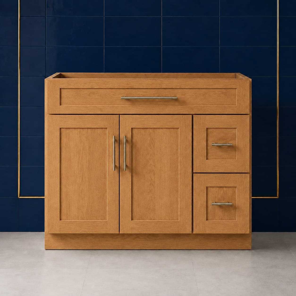 42-inch wide vanity sink base cabinet with two shaker-style doors and a right-side two-drawer stack, 34 1/2 inches tall and 21 inches deep, neutral finish, in Wood Color finish — front view